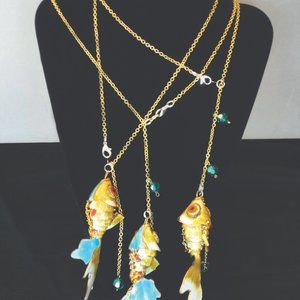 Exodus Necklace - Tropical Holiday14K 3 Gold Blue Fishes Necklace - 3 chains